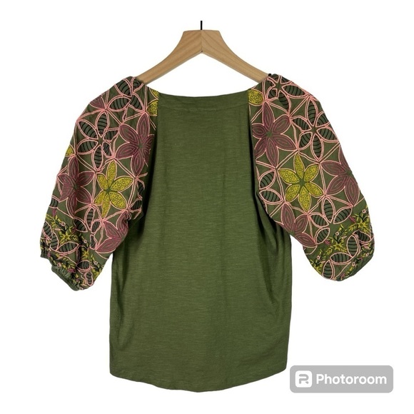 Maeve by Anthropologie Bridey Floral Embroidered Puff Sleeve Boho Green Top XS - Picture 3 of 9
